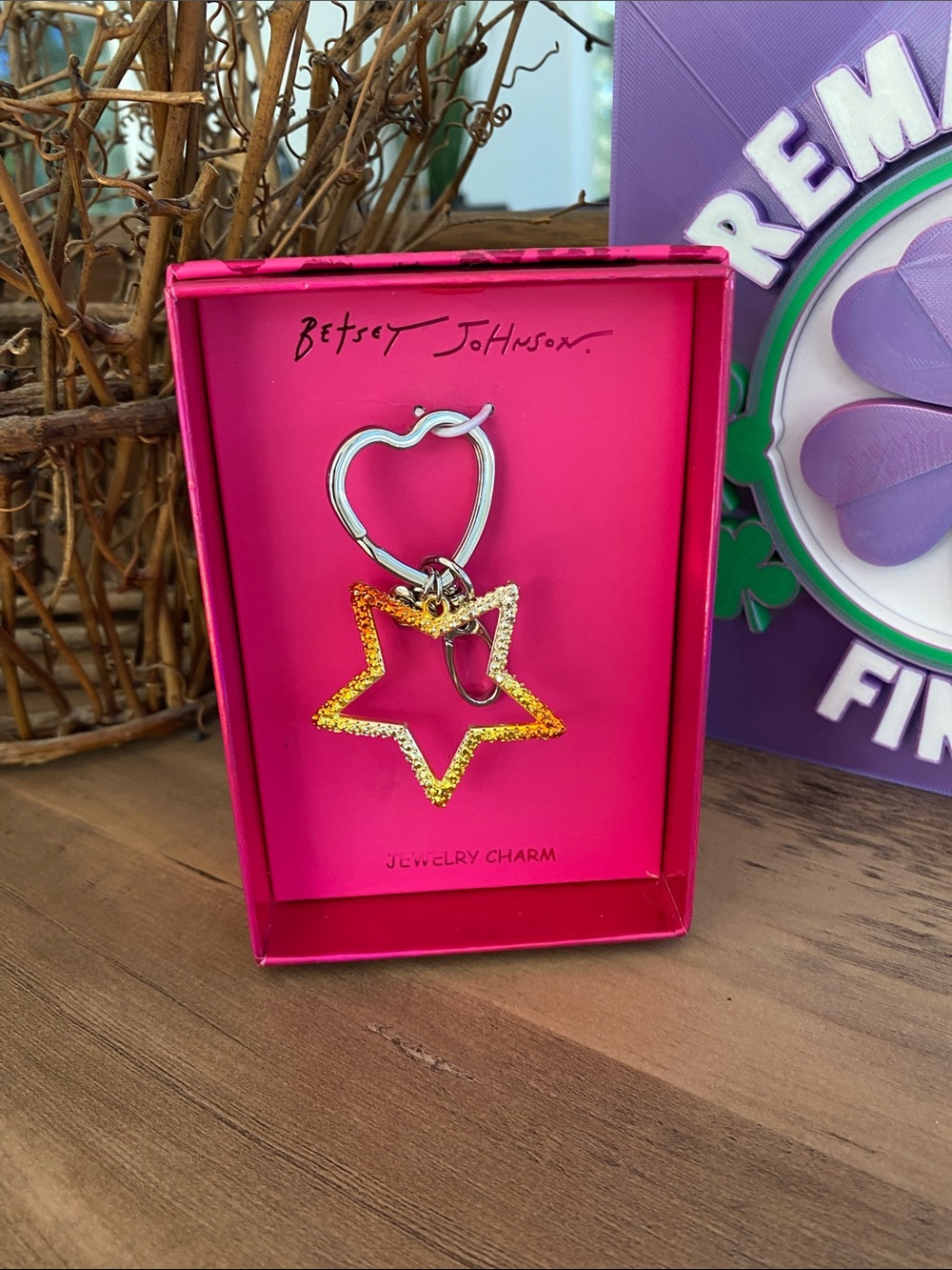 Betsey Johnson Gold Glitter Star Keyring with Silver Heart Clip
